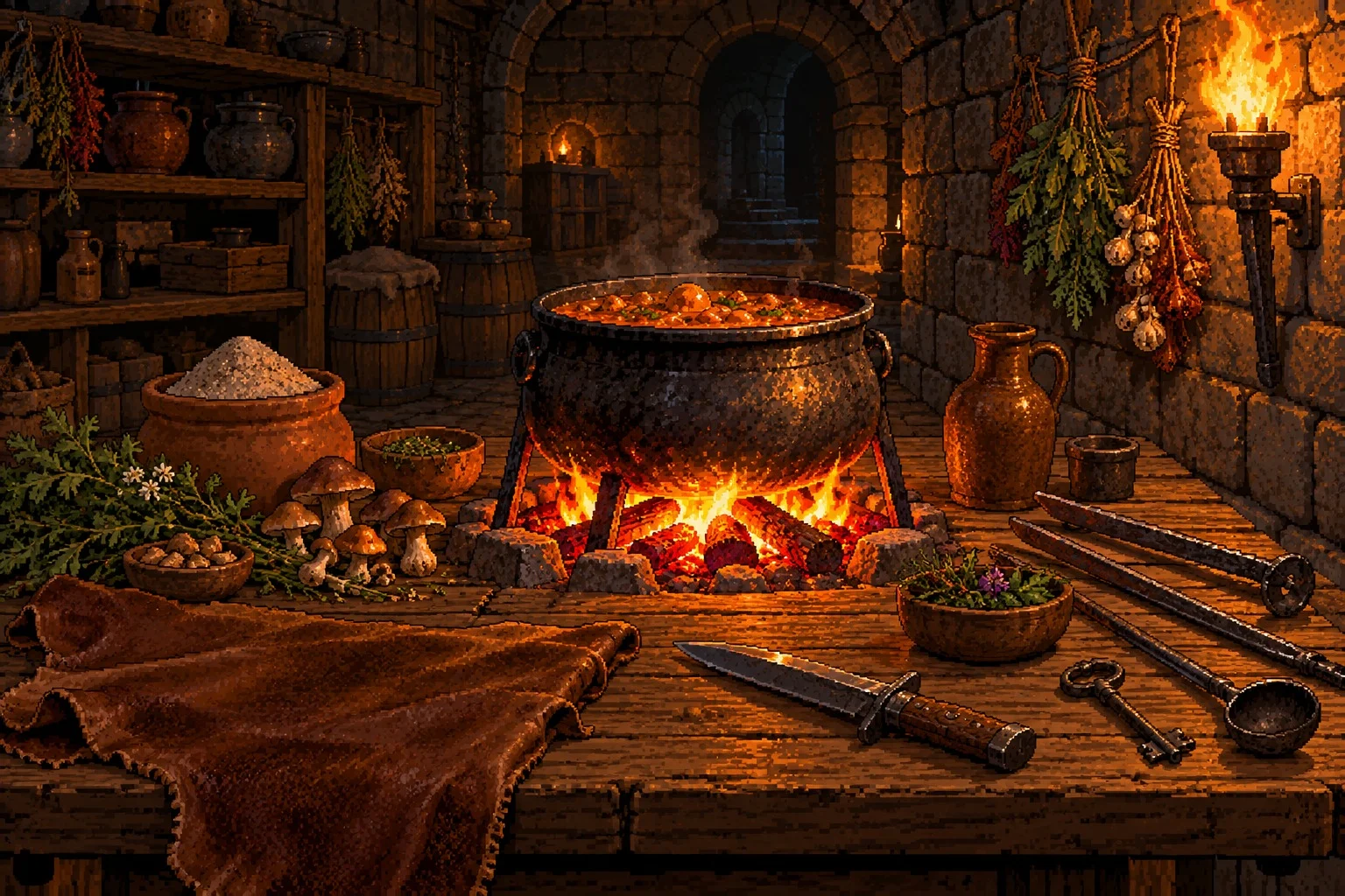Campfire cauldron, mushrooms, leather, iron rods, and a dagger on a dungeon table