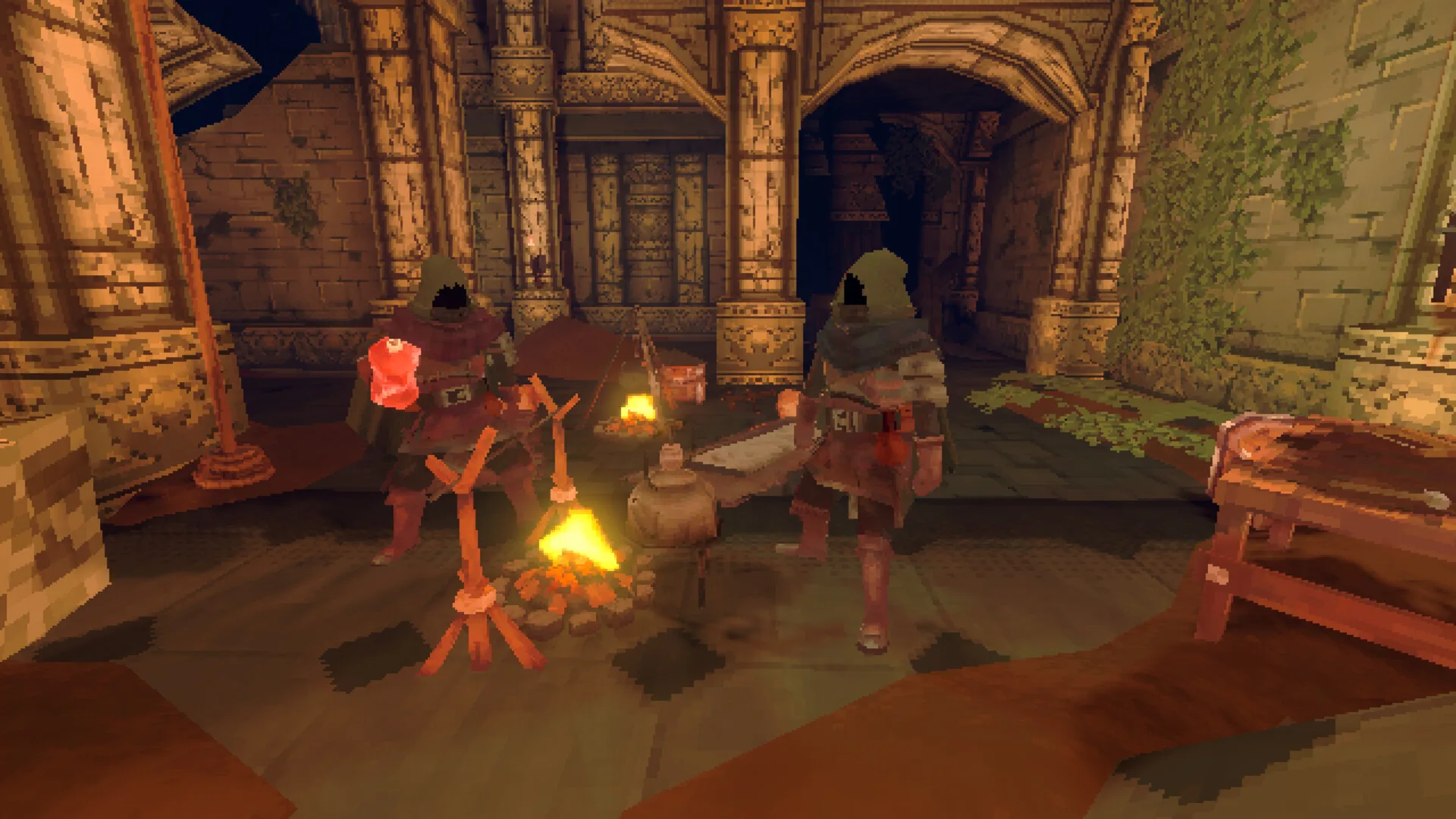 First-person dungeon corridor lit by a torch